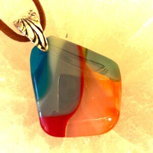 Peaches and Blues Beautiful Fused Glass Pendant Necklace - $4.99 Shipping
